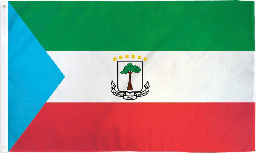 Equatorial Guinea flag made in USA with green white red bands blue triangle and coat of arms