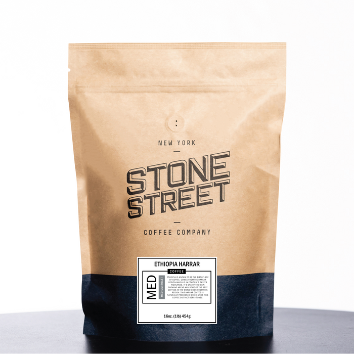 Front of the Stone Street Ethiopia Harrar coffee bag with its product label visible