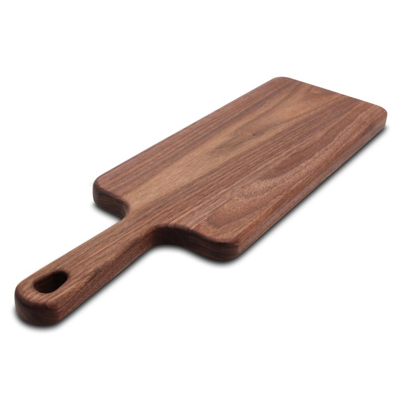 Walnut narrow paddle board with a handle, angled view