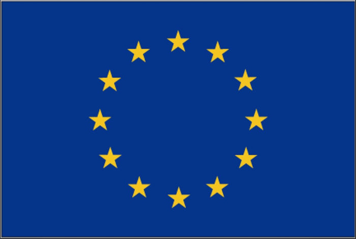 European Union flag made in USA with circle of 12 gold stars on blue field