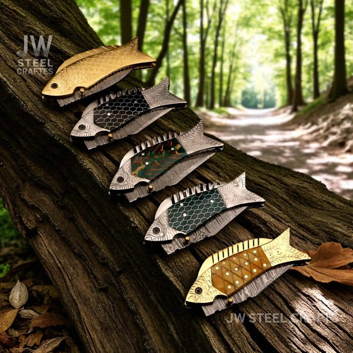 Fish-shaped Damascus folding knife assortment with decorative handle color options