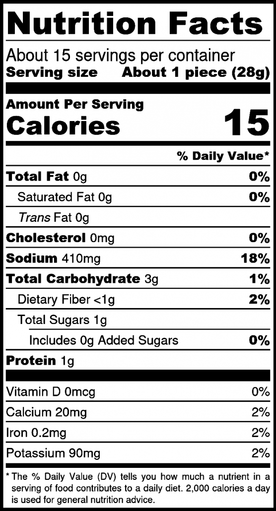 Nutrition facts label for Mild Farmhouse Pickles