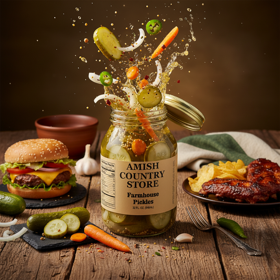 Mild Farmhouse Pickles package with serving suggestions in a styled food scene