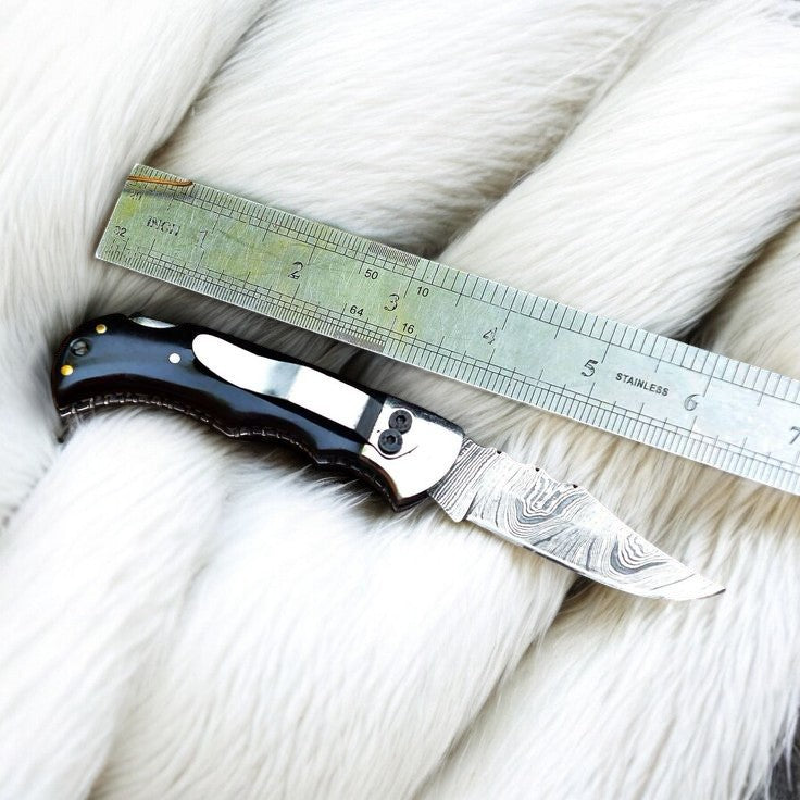 Damascus Pocket Clip Knife – Buffalo Horn Handle product photo
