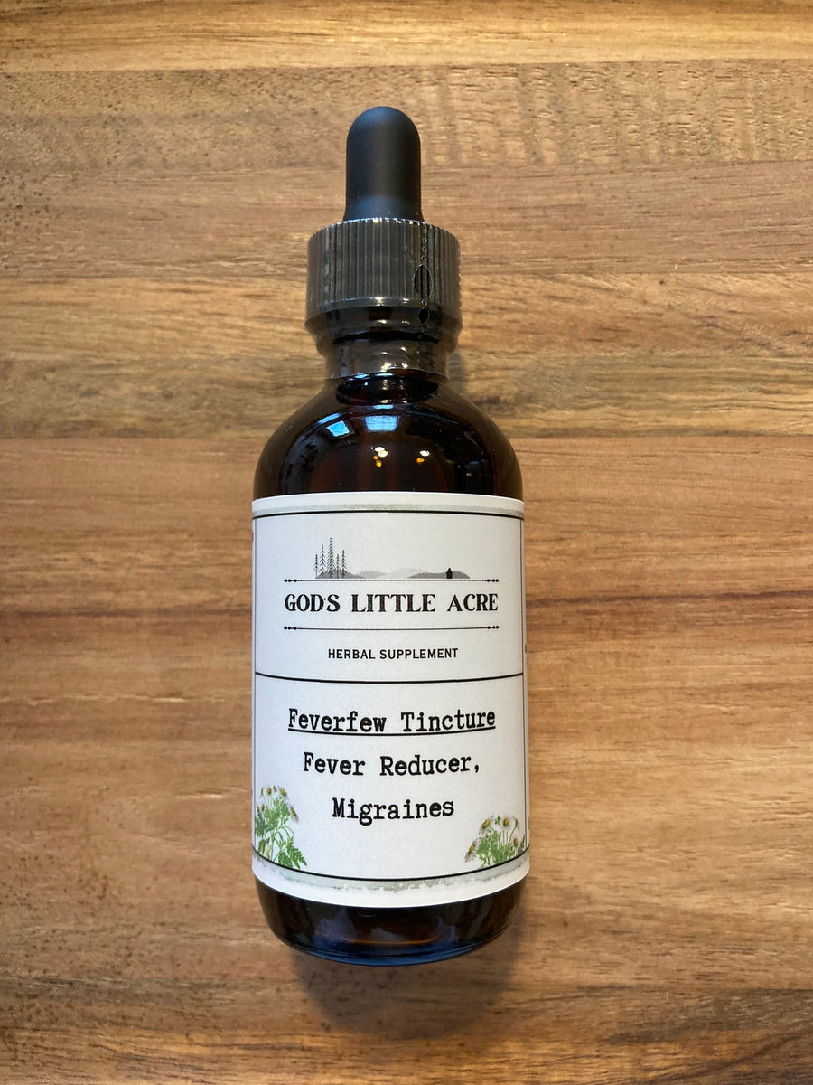 Feverfew Tincture in its amber glass bottle with dropper with supplier branding
