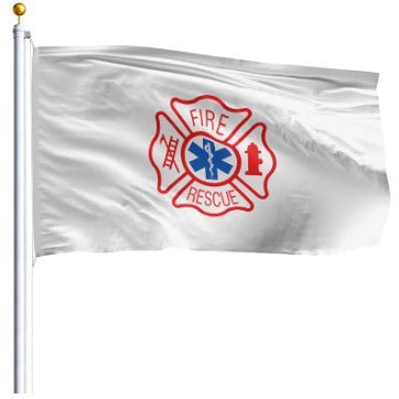 Made in USA 3 x 5 Fire Rescue nylon flag with red fire-service emblem and blue Star of Life
