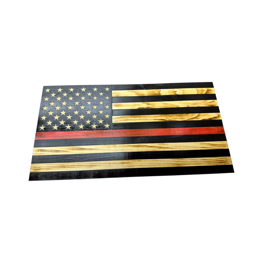 Thin Red Line wooden American flag with natural wood stripes and carved stars