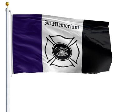 Made in USA 3 x 5 Fireman Mourning Flag with purple, white and black stripes, firefighter memorial emblem and In Memoriam text
