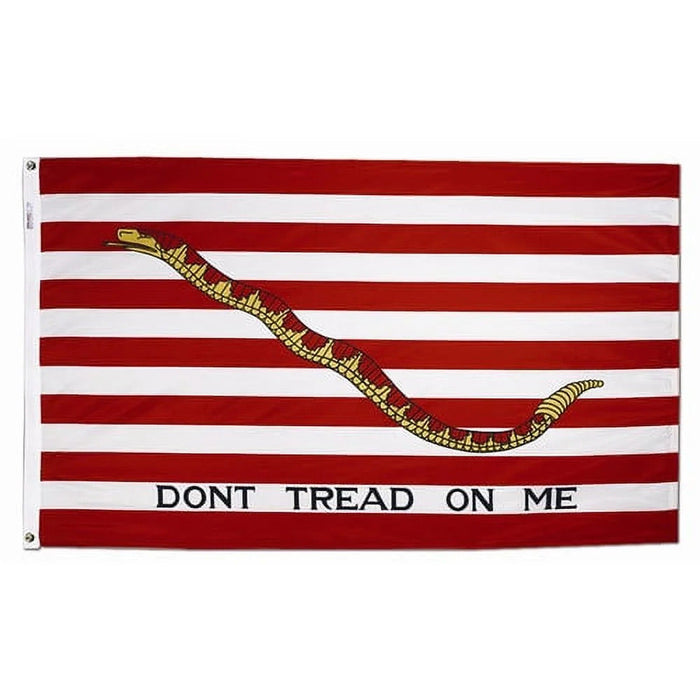 First Navy Jack 3x5 flag with red-and-white stripes and Don't Tread on Me snake emblem