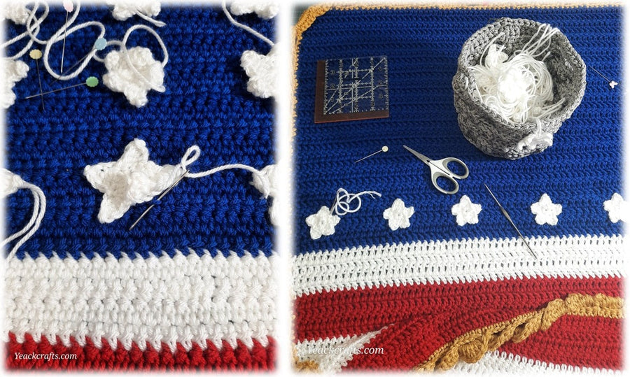 Hand-Crocheted American Flag, work-in-progress collage showing stars, yarn and sewing tools