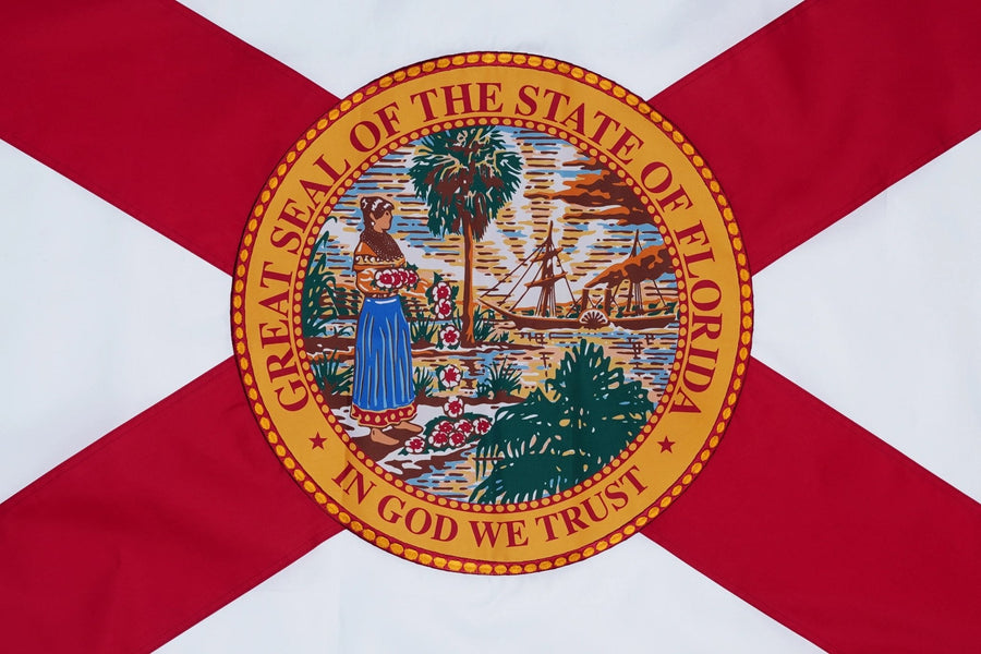 Florida state flag close-up with state seal and red diagonal cross
