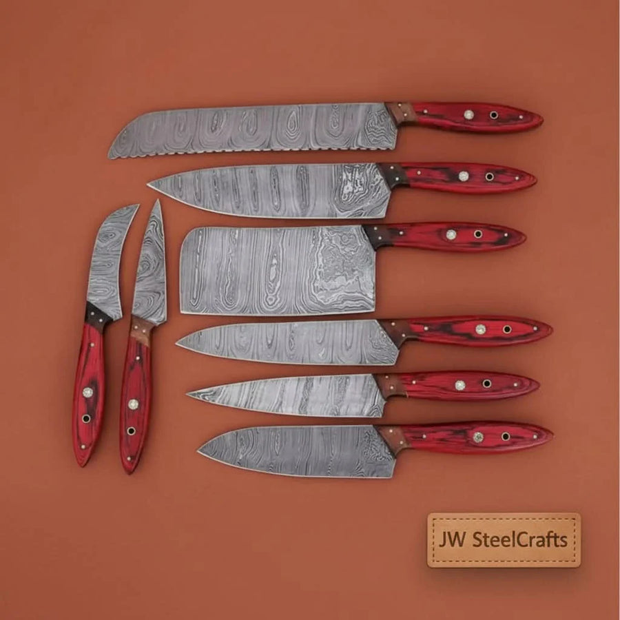 8-Piece Damascus Kitchen Knife Set – Red Pakka Wood & Leather Roll