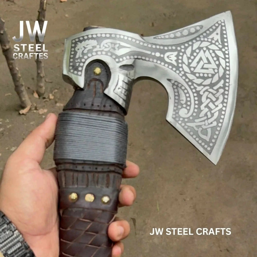 Viking Style Engraved Axe | Handcrafted Leather Wrapped Handle