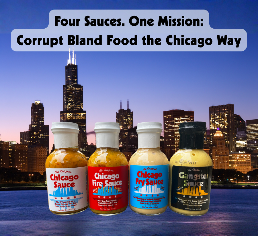 Four Chicago sauce bottles against a Chicago skyline at sunset