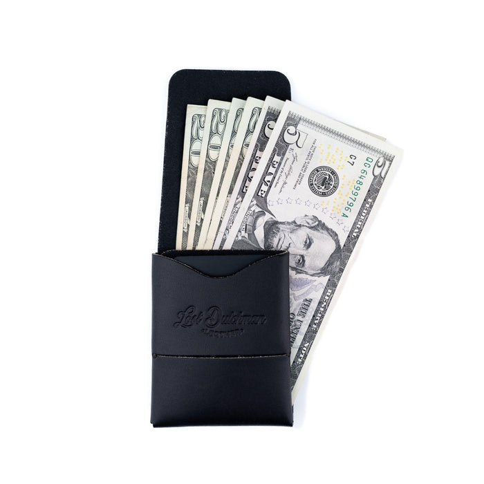 Black Franklin 2 leather wallet, open cash pocket with fanned U.S. bills
