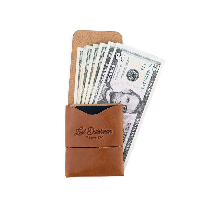 Brown Franklin 2 leather wallet, open cash pocket with fanned U.S. bills