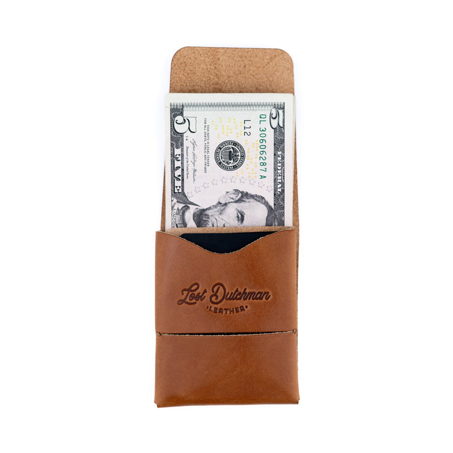 Brown Franklin 2 leather wallet, open cash wrap holding a U.S. bill