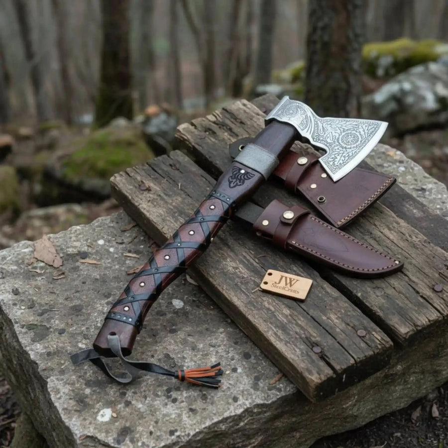 Viking Bearded Axe with Norse Engraved Blade and Leather Sheath