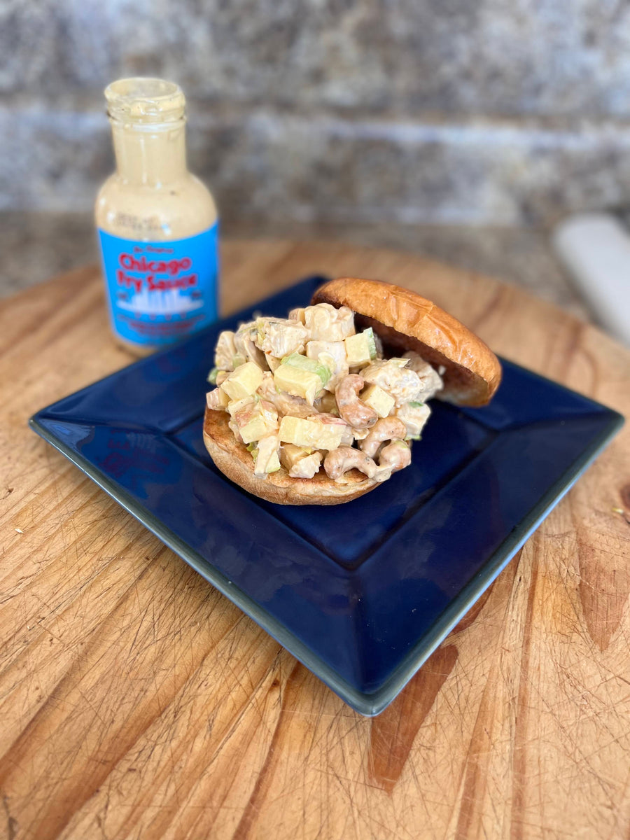 Chicago Fry Sauce bottle beside a bowl of chicken salad