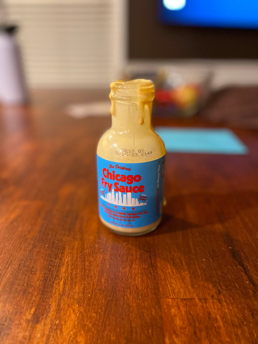 Chicago Fry Sauce bottle on a wooden table
