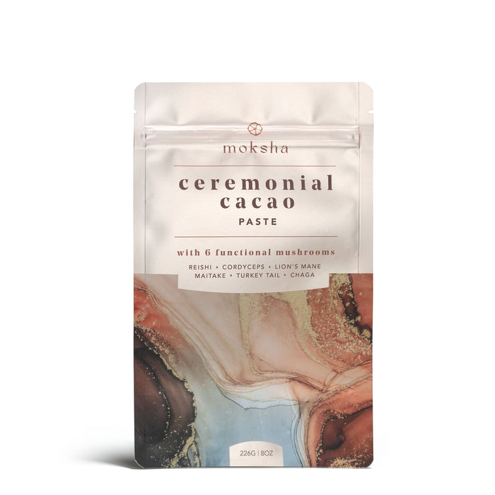 Front of the 8 oz Forest Blend ceremonial mushroom cacao paste pouch