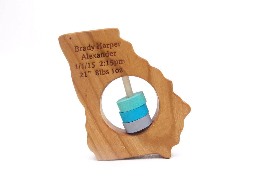 Georgia cherry wood rattle with an example of engraved personalization
