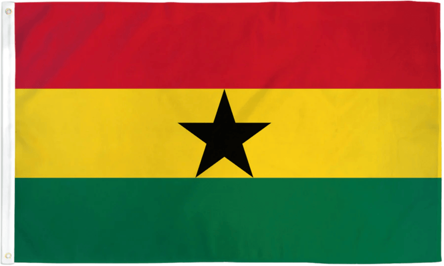 Ghana flag made in USA with red yellow green bands and central black star