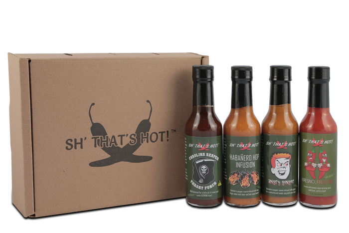 Example four-bottle pack with Throat Punch, Habanero Hop, Angry Ginger and Fresno sauces