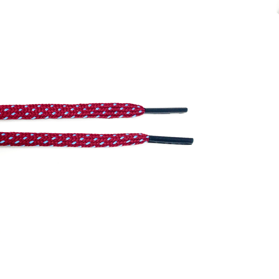 Garnet & Light Blue ticked flat shoelaces close-up of flat lace ends and black aglets