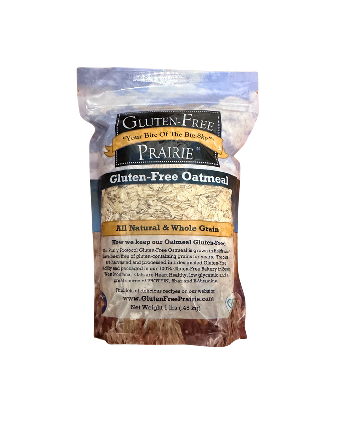 Gluten-Free Prairie oatmeal pouch showing the front label and oats