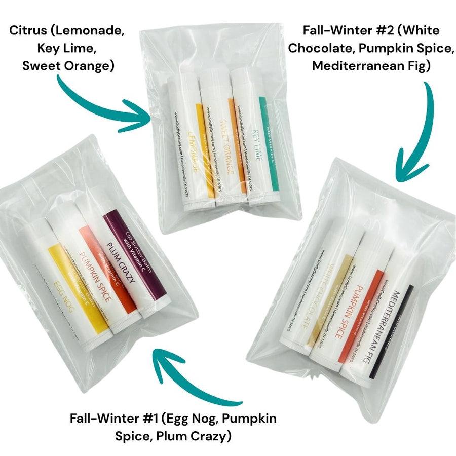 Three lip balm gift-pack assortments labeled Citrus and Fall-Winter
