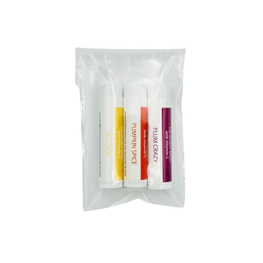 Lip Butter Balm Gift Set – Fall-Winter #1 (Egg Nog, Pumpkin Spice, Plum Crazy) packaging