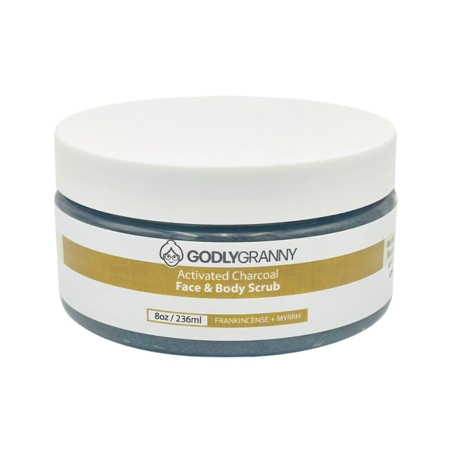Activated Charcoal Face & Body Scrub – Frankincense + Myrrh packaging