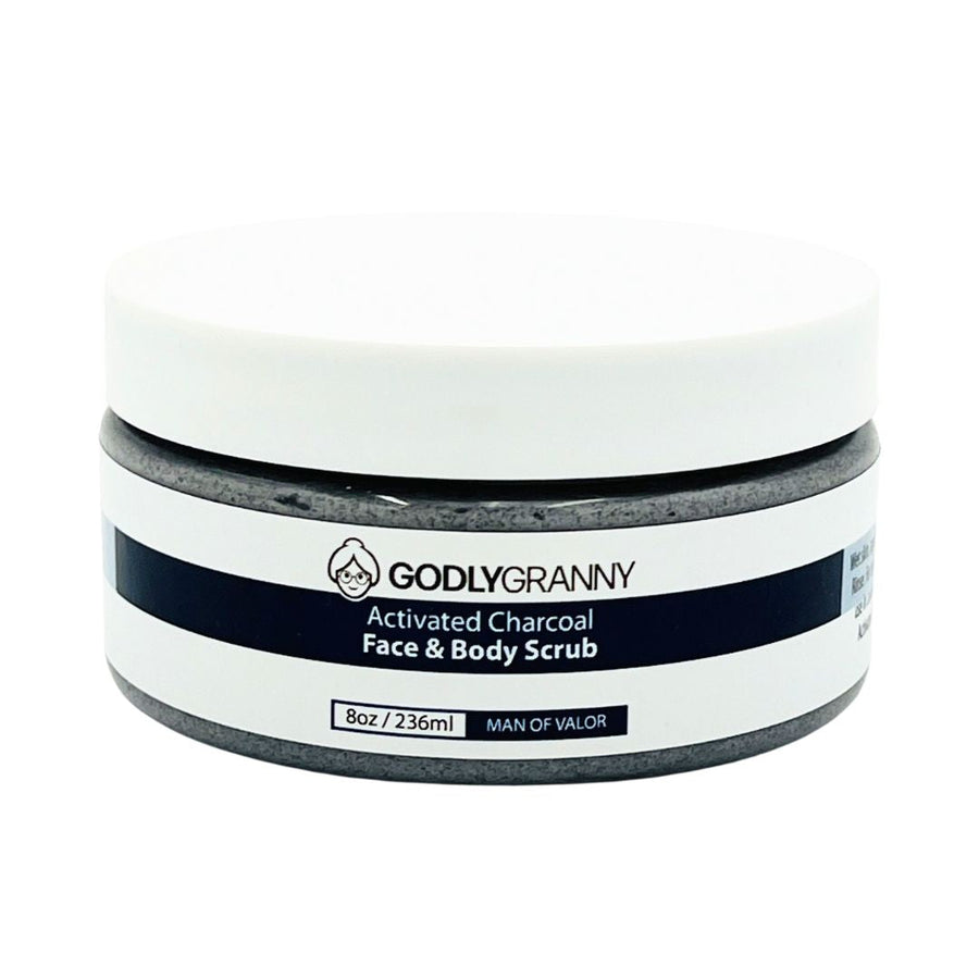 Activated Charcoal Face & Body Scrub – Man of Valor packaging