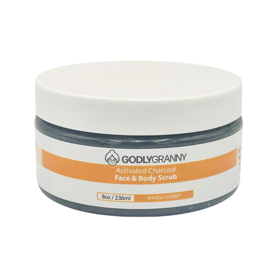 Activated Charcoal Face & Body Scrub – Mango Sorbet packaging