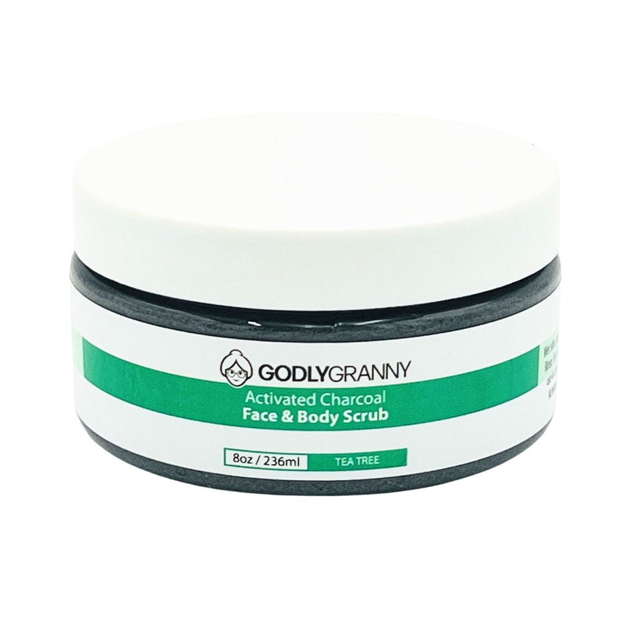Activated Charcoal Face & Body Scrub – Tea Tree packaging