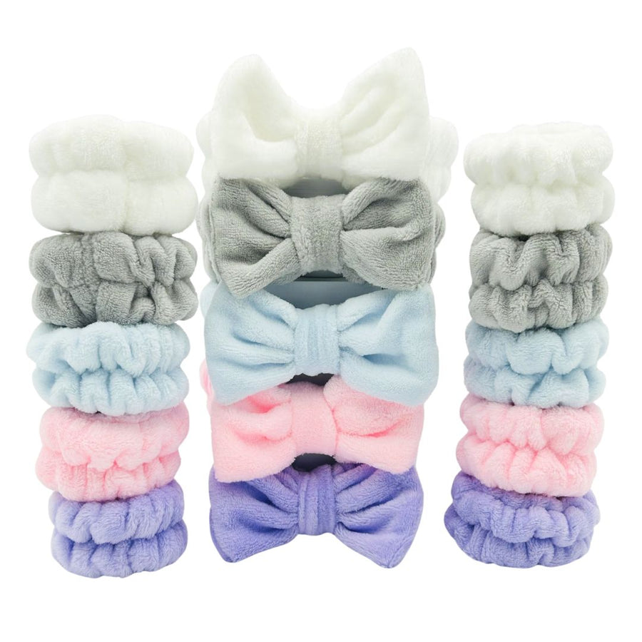 Plush bow headbands and wristbands displayed in five colors