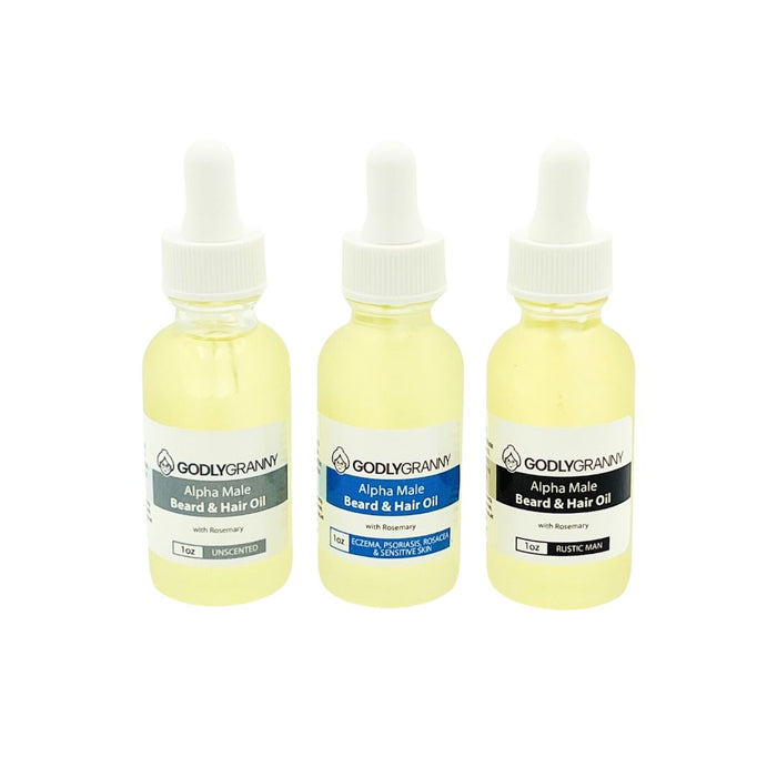 Assorted Rosemary Beard & Hair Oil packages shown together