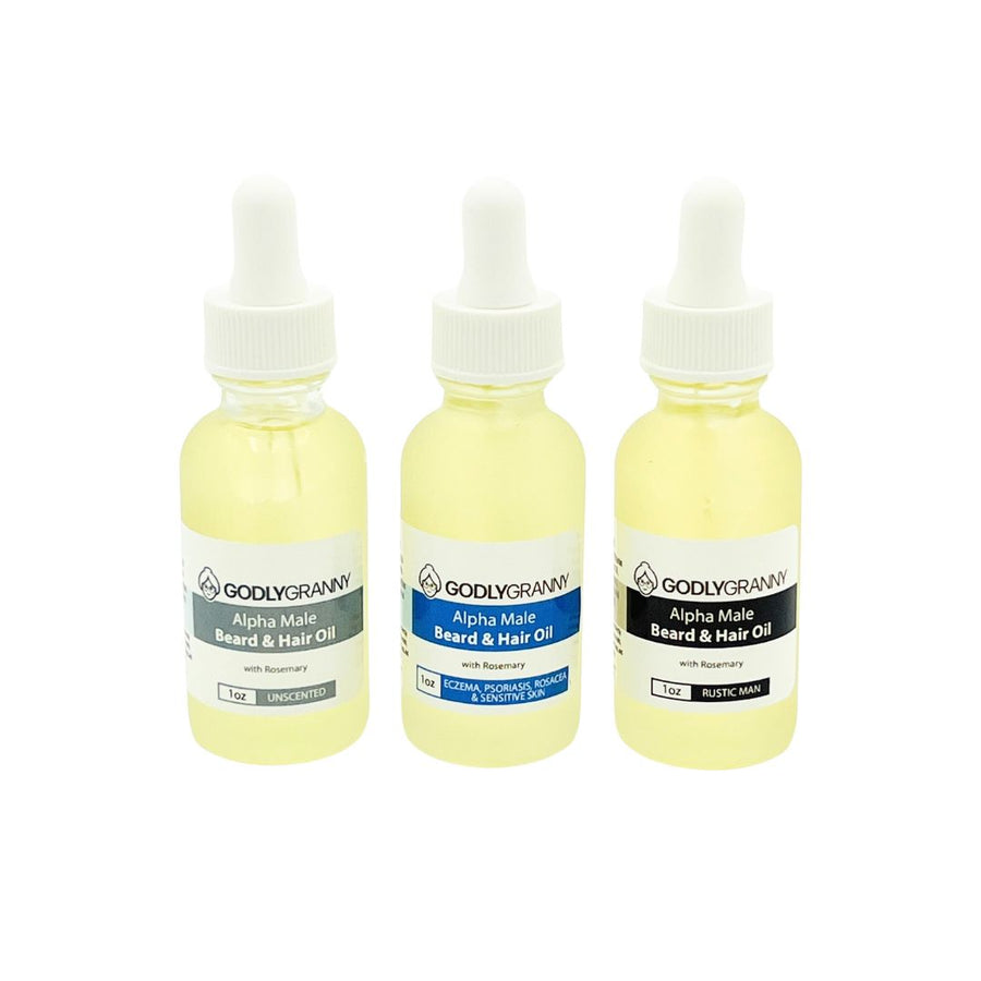 Assorted Rosemary Beard & Hair Oil packages shown together