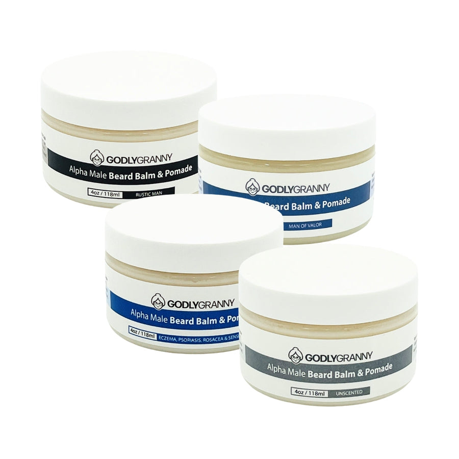 Assorted Alpha Male Beard Balm & Pomade packages shown together