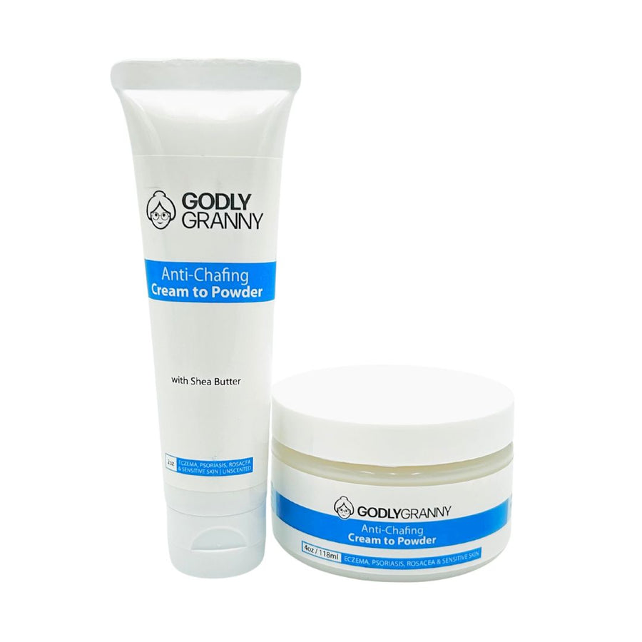 Assorted Shea Butter Anti-Chafing Cream to Powder packages shown together