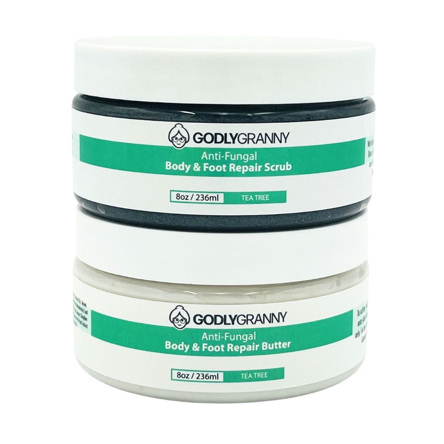 Assorted Tea Tree Body & Foot Exfoliating Scrub packages shown together