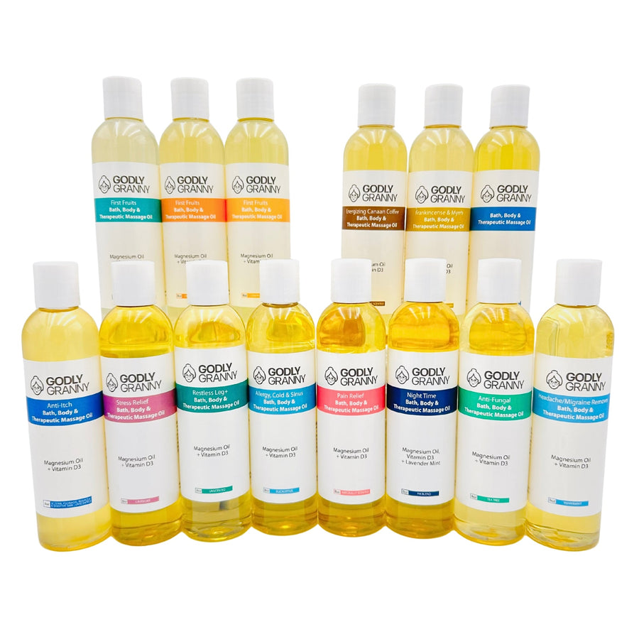 Assorted Godly Granny bath, body and massage oil bottles shown together