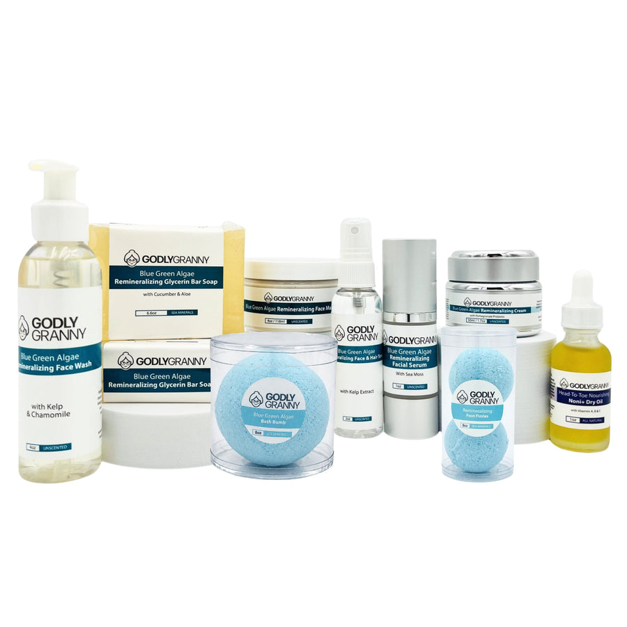 Group photograph of the Godly Granny Blue Green Algae skincare range