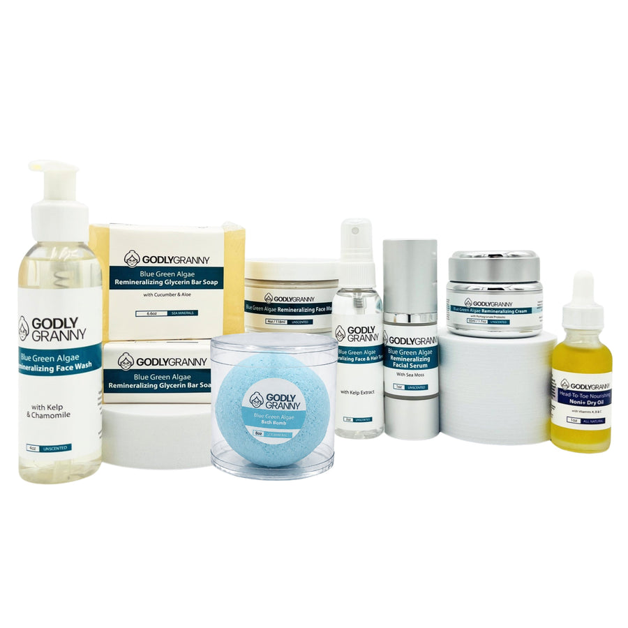 Group photograph of the Godly Granny Blue Green Algae skincare range