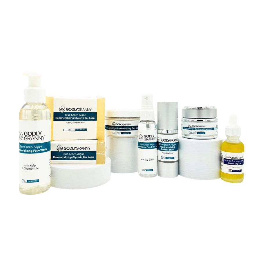 Group photograph of the Godly Granny Blue Green Algae skincare range