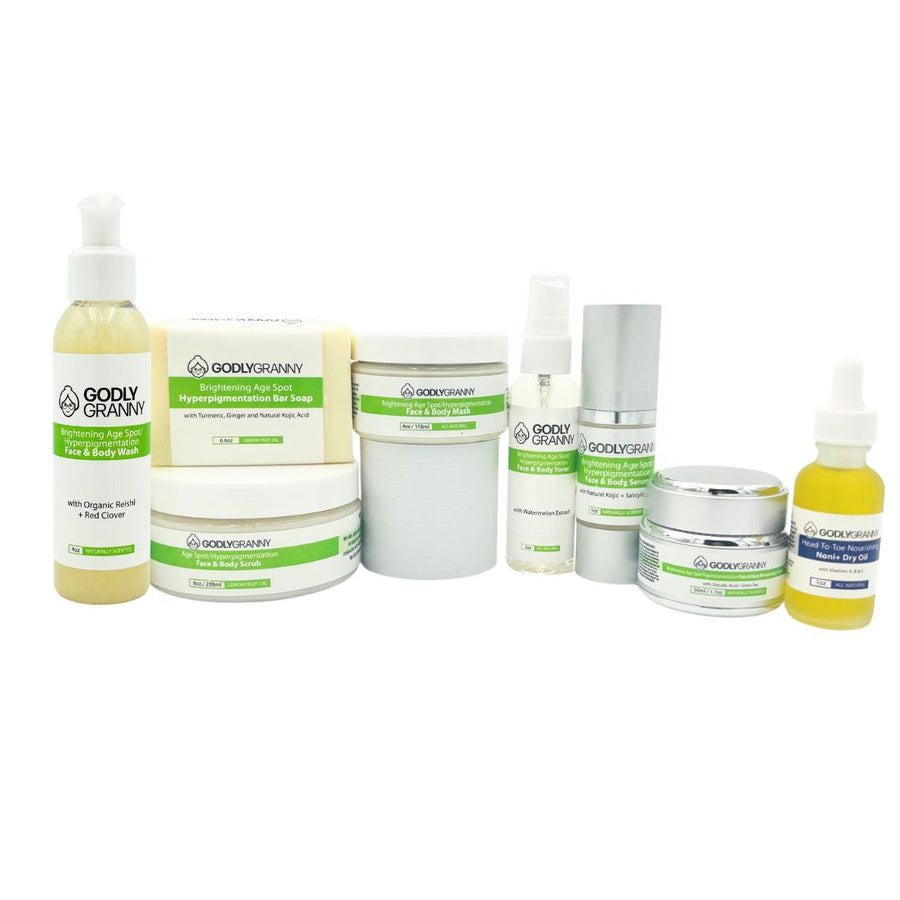 Group photograph of the Godly Granny Brightening skincare range