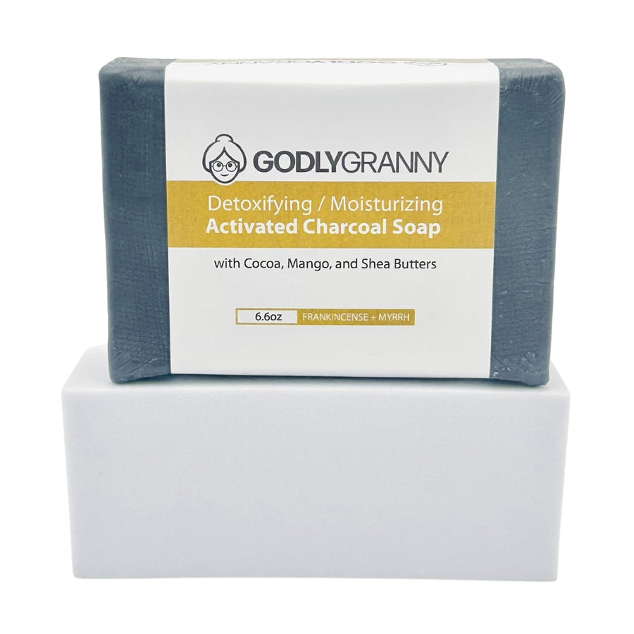 Activated Charcoal Soap with Cocoa, Mango & Shea Butters – Frankincense + Myrrh packaging