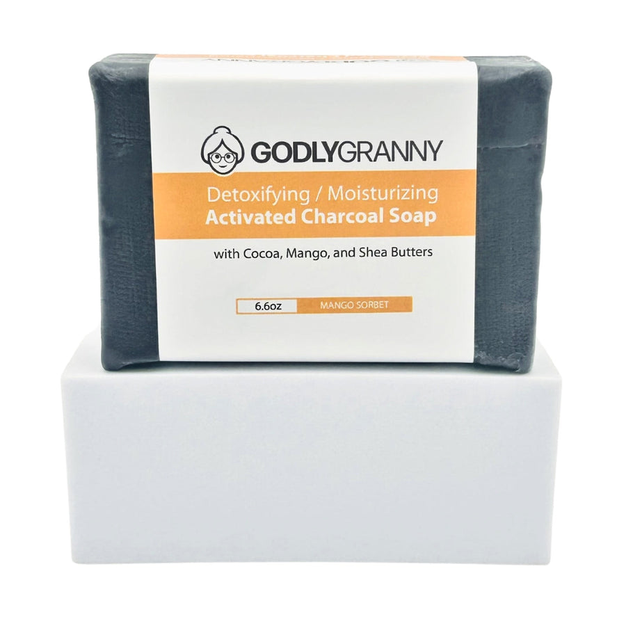Activated Charcoal Soap with Cocoa, Mango & Shea Butters – Mango Sorbet packaging