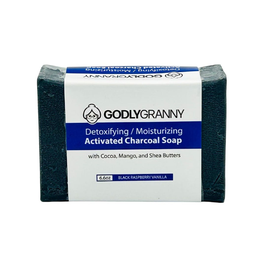 Activated Charcoal Soap with Cocoa, Mango & Shea Butters – Black Raspberry Vanilla packaging